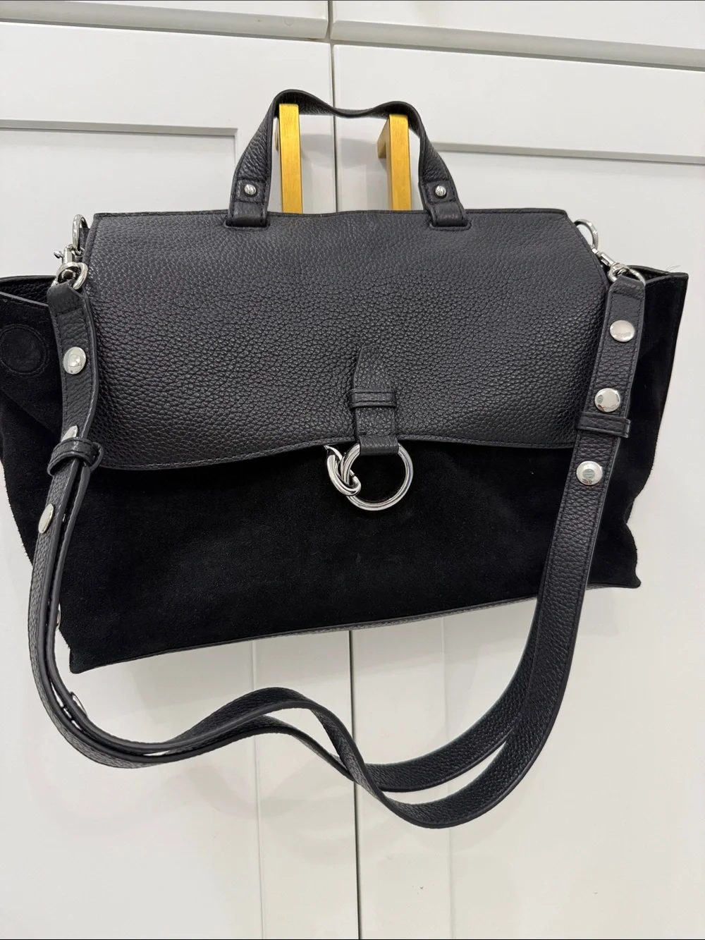Rebecca Minkoff Black Leather & Suede Ring-Accent Top-Handle Satchel